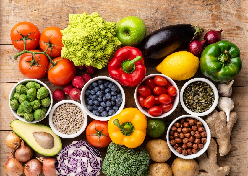 Vegetables, fruits, nuts, and grains